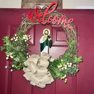 Welcome Holiday Wreath with Greenery and Burlap Bow